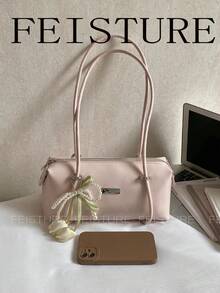 1 buc. Geantă de umăr pentru femei FEISTURE, din material PU, culoare solidă, cu decor floral, potrivită pentru fete, doamne, studente, tineri profesioniști și lucrători de birou, excelentă pentru muncă, afaceri, naveta și școală - Roz - Vizualizare 7