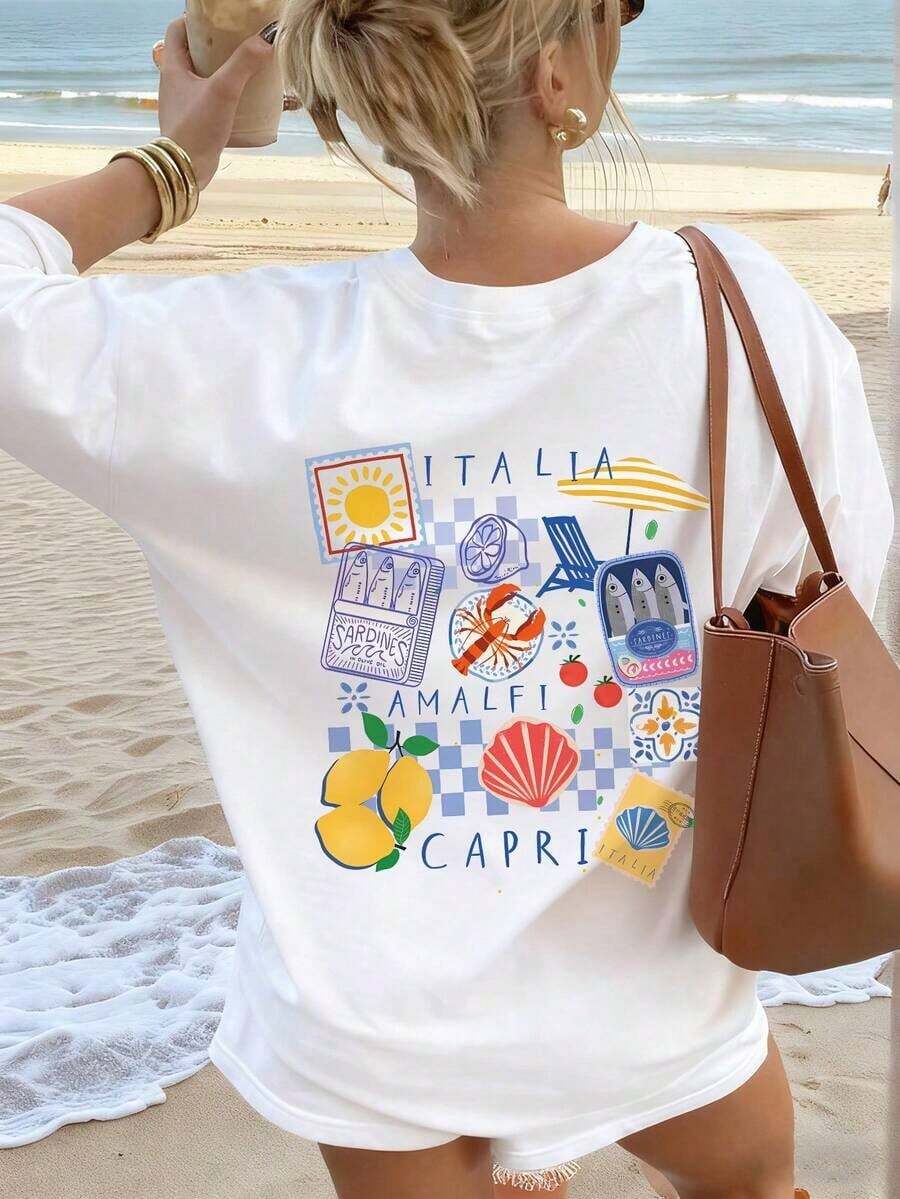Camiseta Casual de Verano para Mujer, Nueva, con Estampado de Concha de Limón, Pez y Langosta, Holgada, Versátil, de Cuello Redondo, Color Beige, Manga Corta, a la Moda para Uso Diario.