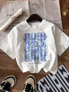 1 pieza de camiseta para mujer La Dolce Vita con estampado gráfico, camiseta cómoda con diseño colorido, camiseta Sweet Life adecuada para amantes de la comida, amantes de los mariscos, vacaciones costeras, estética de pescador, ropa holgada y cómoda para mujer, top lindo de verano (tallas de EE. UU. ), ropa de moda para mujer, 180g 100% algodón. - Blanco - Ver 7