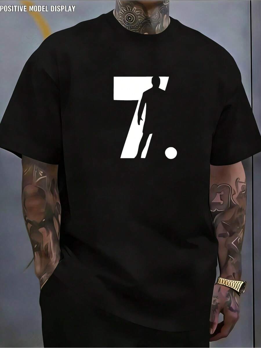 Camiseta unisex de manga corta, camiseta de hombre con estampado 'Silueta de Fútbol Número 7', camiseta deportiva casual, playeras hombre, spiderman, ,  mujer, romwe men, boho chic, regalos para maestros, camiseta de mujer, atuendos curvy para hombre, y2k. - Negro - Ver 1