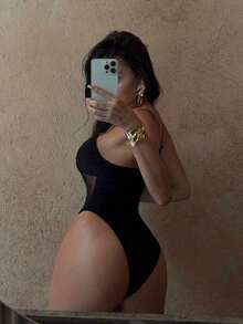Traje de baño de una sola pieza para mujer con diseño de unicolor, tirantes, parches de malla, sexy y con recortes, estilo bohemio para festivales - Negro 3 - Ver 2