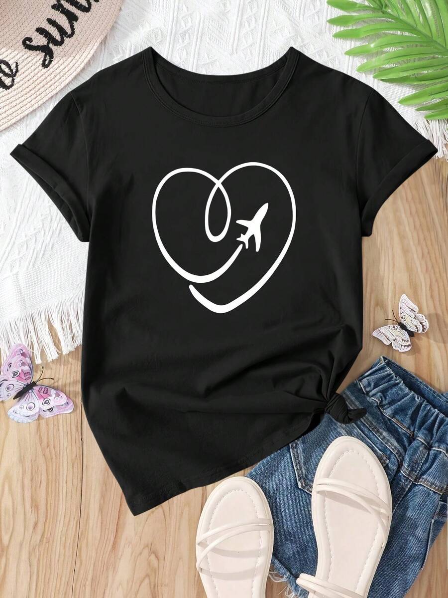 Diseño Simple y Versátil, Estampado en Forma de Corazón, Camiseta Casual Holgada de Manga Corta para Verano, Camiseta de Algodón - Negro - Ver 1