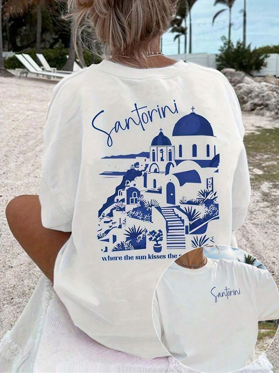Camiseta de Santorini, Grecia, para Mujer - Camiseta de Manga Corta con Estampado Griego y Cuello Redondo, con Lugares Emblemáticos, Ideal para Vacaciones, Viajes, Uso Casual y como Souvenir, Ropa Griega Lavable a Máquina - Transpirable y de Alta Calidad - Blanco - Ver 1