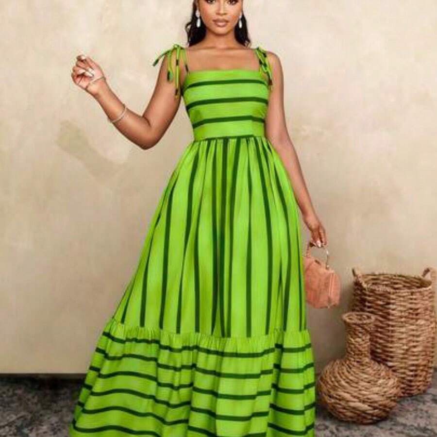 Women's Flowing Striped Maxi Dress With Shoulder Straps And Chest Gathering, Suitable For Vacation, Beach, Commuting, And Casual Daily Wear, Elegant Gown (Random Floral), Summer Outfits , Summer Tops Summer Clothes , Summer Outfits For Women , Summer Holiday Outfits , Summer Outfit For Women,Beach , Beach Dress , Beach Dresses , Beach Outfits For Women, Beach Outfit For Women , Beach Outfit , Vacation Outfits Women , Holiday Outfits For Women , Summer Holiday Outfits , Vacation , Holiday , Vacat - Verde Oliva - Ver 1