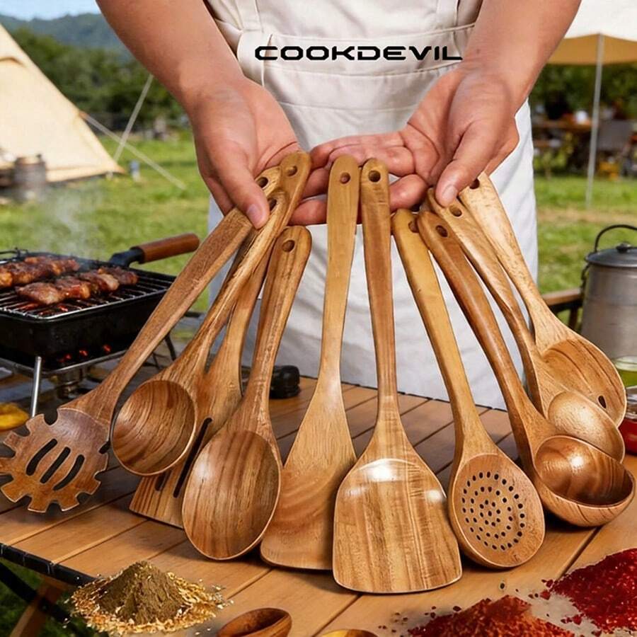 10pcs Premium Teak Cookware Set - Non-Stick Pans, Heat Resistant, Ergonomic Handles, Comfortable Grip, Suitable For Mixing, Baking, Serving And Easy Cooking, Outdoor Camping Cookware Set - Perfect For Mother's Day, Thanksgiving, Halloween, Easter, Christmas, Essential Kitchen Items | Stylish Wooden Spoons | Durable Kitchen Utensils - Brown - View 1