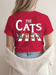 [Impresión a Doble Cara] Camiseta de Mujer, Top Casual de Manga Corta y Cuello Redondo, con un Diseño de Cruce de Cebra y la palabra CATS impresa encima, Lavable, Ropa Casual Adecuada, Prenda Versátil, Material Cómodo, Para Entusiastas de la Moda. Cuello Redondo, 100% Algodón, Tejido Suave, Manga Corta. - Rojo - Ver 2