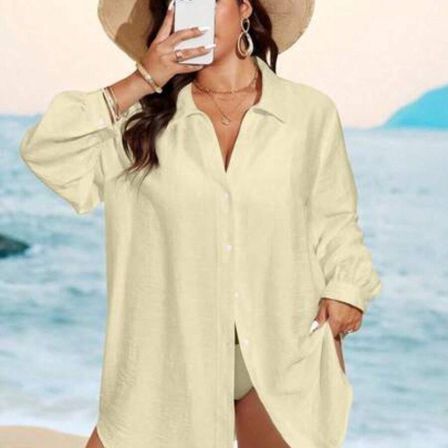 Swim Vcay Women Plus Size Single Stripe Button Down Long Sleeve Blouse, Resort Beach Casual Cover Up For Summer Beach Vacation - Albaricoque - Ver 1