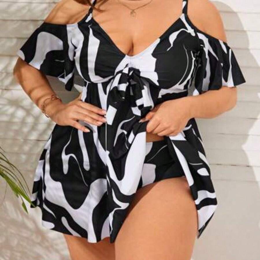 Swim Lushoire Summer Beach Plus Size Women's Printed Cold-Shoulder Swimwear - Blanco y Negro - Ver 1
