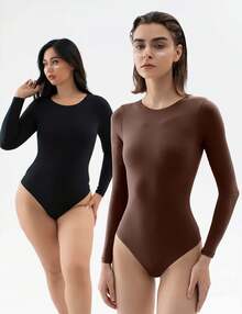 ZZL Body Manga Larga Cuello Redondo| Efecto Ajustado y Tela Suave como Mantequilla| Top Básico Esencial para Uso Diario - Salpicado de blanco - Ver 8
