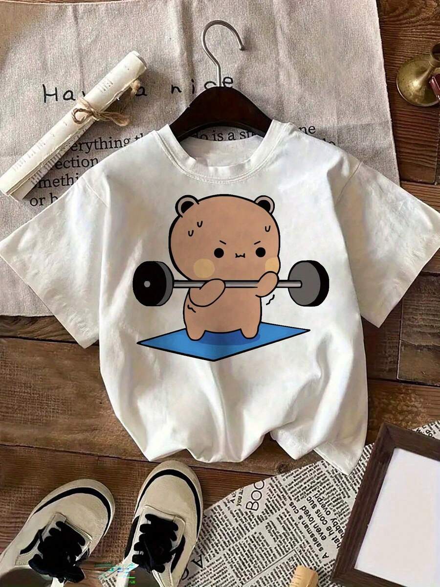 Women's Casual Short-Sleeved Top With Brown Bear And Blue Rug Print, Round Neck - Women's Clothing, Comfortable Fit, Classic Design - 白色 - 查看 1