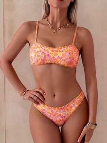 Set de 2 piezas Bikini bandeau con estampado floral rosa para mujer, con tirantes desmontables adecuado para vacaciones en la isla y sesiones de fotos en la playa en verano - Multicolor 7 - Ver 3