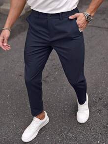Men's Letter Embroidered Pocket Straight Leg Casual Pants, Slim Fit Fashion Versatile, Suitable For Husbands, Boyfriends, Outings With Friends, Parties - Royal Blue - View 1