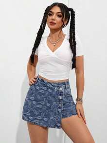 Envoltorio de falda pantalón denim con dobladillo asimétrico de unicolor - Azul 2 - Ver 6