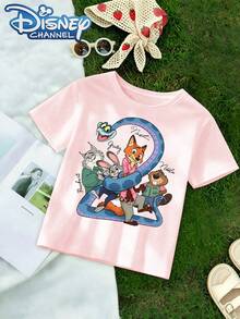 Zootopia 2 Nick And Judy With Their Friends, A Cute, Fresh, And Fashionable Disney Girls' Round Neck T-Shirt, 100% Pure Cotton, Is The Ideal Choice For Daily Wear, Holiday Leisure, Outdoor Exploration, Campus Life, And Shopping Trips. It's Also A Must-Have Item For Summer And Makes An Excellent Disney Gift For Both Girls And Boys. - Hồng - Xem 2
