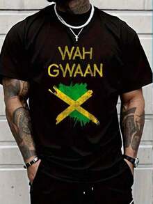 T-shirt décontracté imprimé tendance pour hommes et femmes, 100% coton, drapeau jamaïcain Wah Gwaan, fierté jamaïcaine, reggae, t-shirt de vacances, t-shirt graphique pour hommes et femmes, t-shirt à manches courtes imprimé simple face, coton épais 180g, t-shirt printemps-été, coupe décontractée, style pull, style hip-hop rétro, style urbain, lavable en machine, style sans effort, montrez votre style unique, t-shirts graphiques - Noir - Voir 1