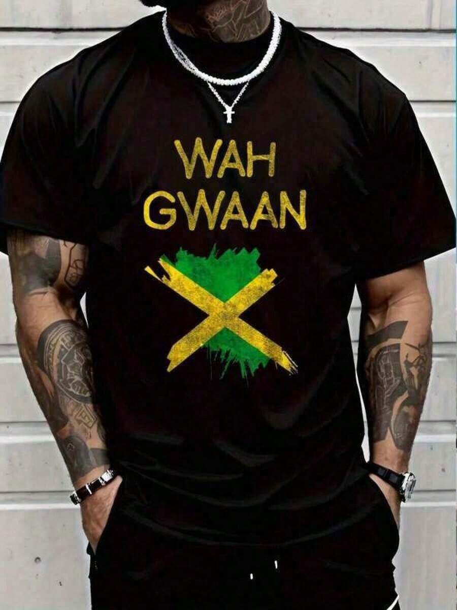T-shirt décontracté imprimé tendance pour hommes et femmes, 100% coton, drapeau jamaïcain Wah Gwaan, fierté jamaïcaine, reggae, t-shirt de vacances, t-shirt graphique pour hommes et femmes, t-shirt à manches courtes imprimé simple face, coton épais 180g, t-shirt printemps-été, coupe décontractée, style pull, style hip-hop rétro, style urbain, lavable en machine, style sans effort, montrez votre style unique, t-shirts graphiques - Noir - Voir 1