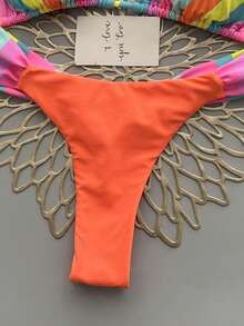 Conjunto de bikini casual de mujer con tirantes de espagueti, fruncido y a rayas, de tela con estiramiento medio, traje de baño colorido y vibrante para vacaciones - Naranja - Ver 5