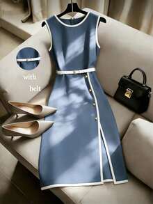 Vestido sin mangas de color albaricoque con cuello redondo, ribete negro y cinturón, de estilo minimalista y versátil, para primavera/verano - Niebla azul - Ver 1