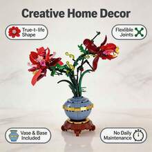 1 conjunto de 505 peças de blocos de montar em formato de flor de íris vermelha, planta em vaso, brinquedo de montagem de flor eterna, decoração criativa DIY, presente para o Dia dos Namorados/Aniversário, decoração para casa, acessório de mesa, brinquedo de quebra-cabeça antiestresse - Multicolorido - Ver 8