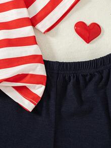 2pcs/Set Girls Casual Striped Print Decor Raglan Sleeve Top And Solid Color Shorts Set, Spring/Summer - Red - View 7