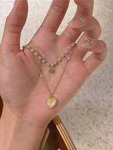 1 buah Kalung Berlapis Hati Minimalis Elegan Gaya INS dengan Rhinestone & Mutiara Imitasi yang Dipersonalisasi, Aksesori Serbaguna untuk Pemakaian Sehari-hari & Acara Formal, Hadiah Luar Biasa untuk Ulang Tahun Pacar/Sahabat - Yellow Gold - View 5