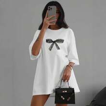 Camiseta de manga corta 100% algodón para mujer, estilo casual, versátil y elegante, con estampado de letras, novedad de verano 2026. - Blanco - Ver 2