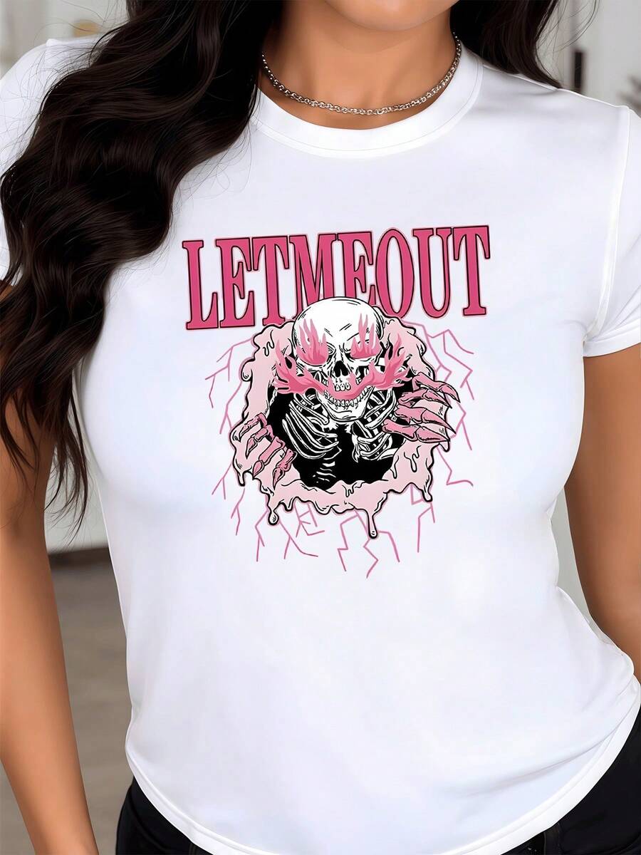 Pink Skull Emerging From A Torn Wall Symbolizing Inner Liberation And Rebellious Strength With A Modern Artistic Touch. Women's Casual Urban Elegant T-Shirt - 白色 - 查看 1