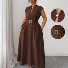 Vestido maxi de talla grande para mujer, de primavera/verano, con cuello de corazón, sin mangas, con pliegues en la cintura, hebilla en la cintura, falda recogida, bolsillos, en color liso, para uso casual, de viaje, para tomar el té de la tarde, para el Día de San Valentín y fiestas, con estilo romántico francés y elegante de Sicilia - Marrón - Ver 1