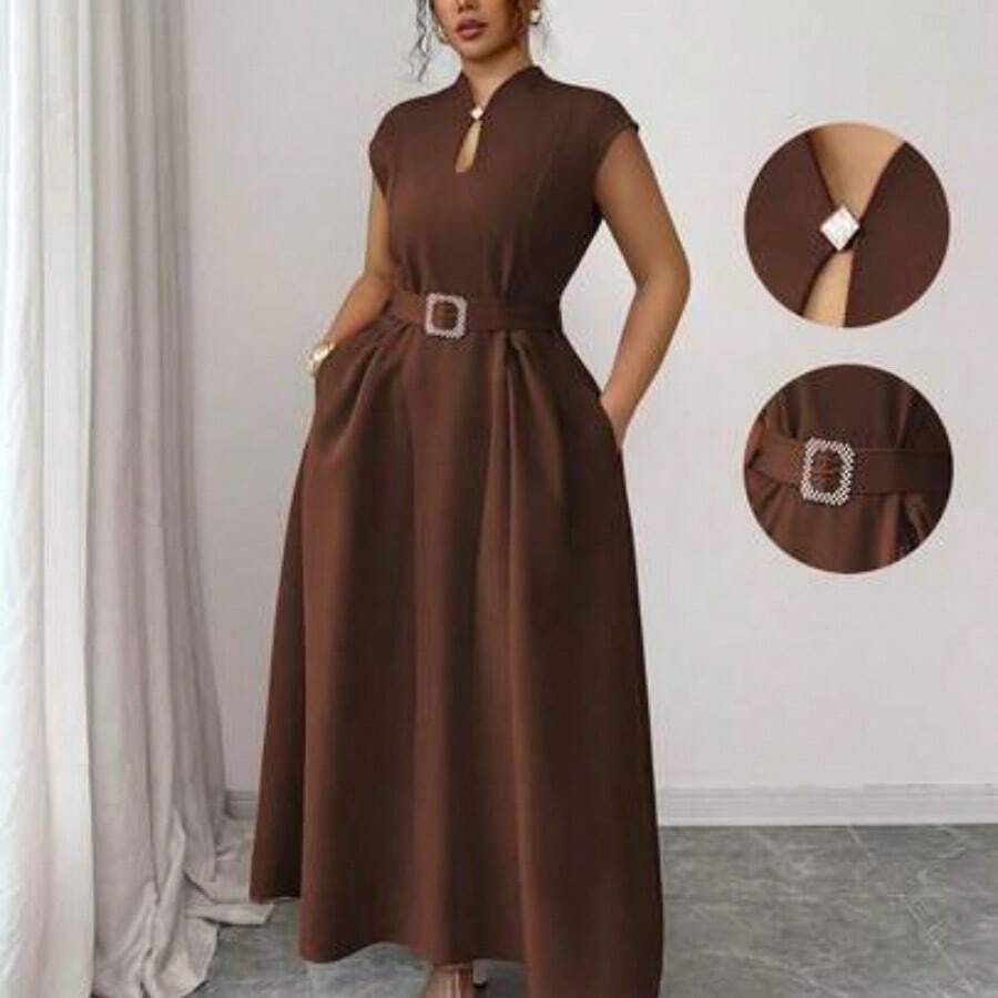 Vestido maxi de talla grande para mujer, de primavera/verano, con cuello de corazón, sin mangas, con pliegues en la cintura, hebilla en la cintura, falda recogida, bolsillos, en color liso, para uso casual, de viaje, para tomar el té de la tarde, para el Día de San Valentín y fiestas, con estilo romántico francés y elegante de Sicilia - Marrón - Ver 1
