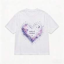 Camiseta blanca de mujer con estampado de luna y estrellas doradas, cuello redondo, manga corta, estilo casual "Stay Magical", top básico verano - Blanco - Ver 12