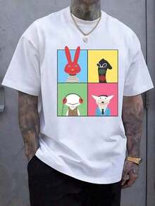 Four Colorful Characters Represent Diversity And The Interplay Between Different Worlds: A Cheerful Red Rabbit, A Sock With Glasses, A Being With Headphones, And Another In A Suit, Symbolizing Humor And Joy In Everyday Life. T-Shirt, Size [Size Missing], Cotton, RAIJ QGSR - 白色的 - 查看 1