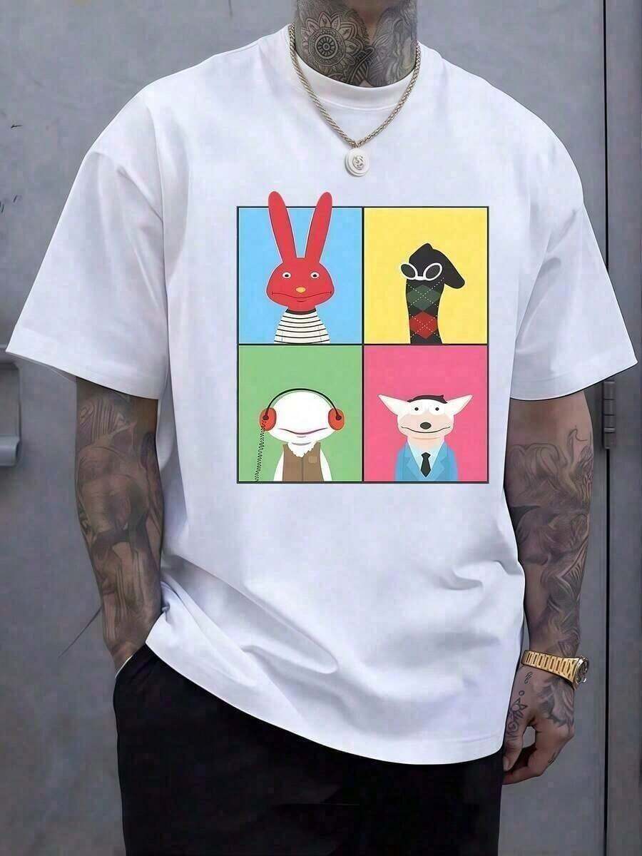 Four Colorful Characters Represent Diversity And The Interplay Between Different Worlds: A Cheerful Red Rabbit, A Sock With Glasses, A Being With Headphones, And Another In A Suit, Symbolizing Humor And Joy In Everyday Life. T-Shirt, Size [Size Missing], Cotton, RAIJ QGSR - 白色的 - 查看 1
