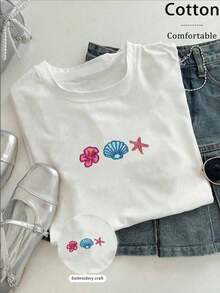 Camiseta de mujer de cuello redondo con gráfico bordado de granos de caféPure-Cotton - Blanco 1 - Ver 4