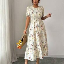 Elenzya Elegant Floral Print Ruched Waist Layered Splice Dress For Women, Suitable For Vacation - Multicolor - Ver 5