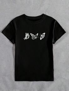 LUNE Camiseta de cuello redondo con estampado de mariposa - Negro - Ver 4