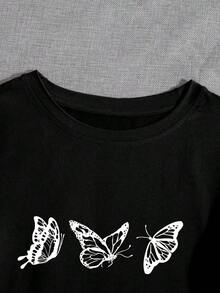 LUNE Camiseta de cuello redondo con estampado de mariposa - Negro - Ver 5
