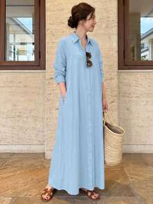 Plus Size Women's Olive Long Sleeve Collared Button-Down Shirt Dress With Pockets Elegant - Baby Blue - View 1