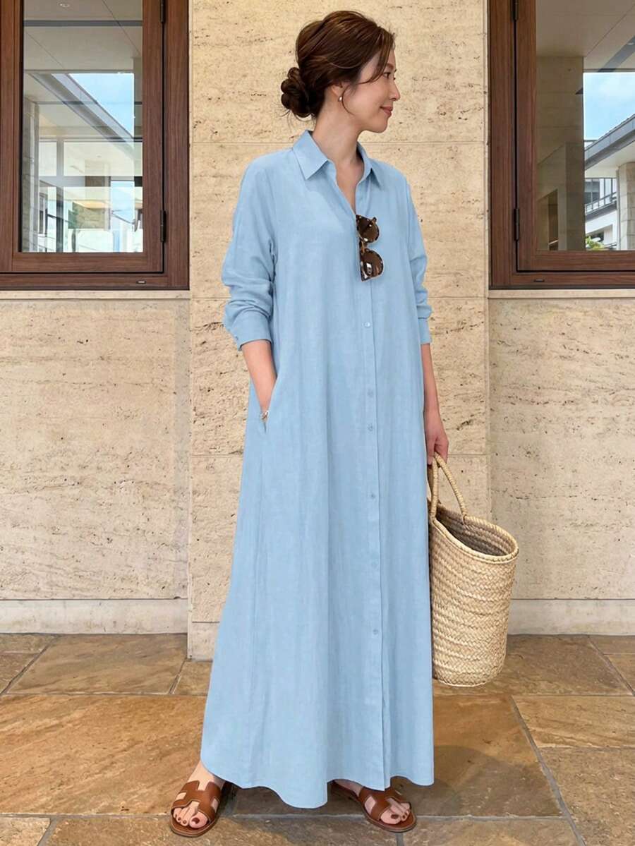 Plus Size Women's Olive Long Sleeve Collared Button-Down Shirt Dress With Pockets Elegant - Baby Blue - View 1
