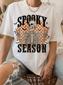 Camiseta de algodón de manga corta para mujer, estilo vacacional, para Halloween 2024, moda europea y americana, con estampado de letras, ropa de mujer - Blanco - Ver 1