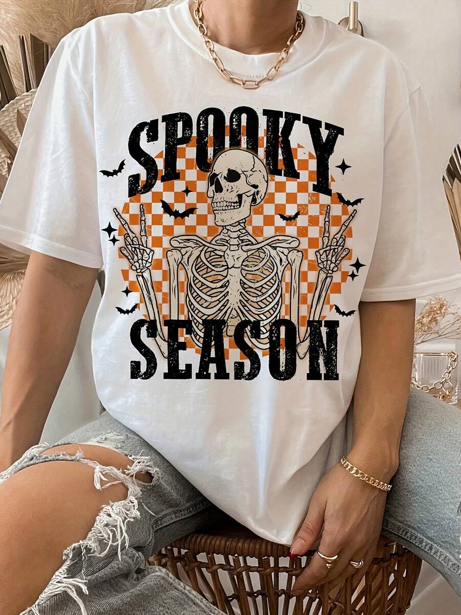 Camiseta de algodón de manga corta para mujer, estilo vacacional, para Halloween 2024, moda europea y americana, con estampado de letras, ropa de mujer - Blanco - Ver 1