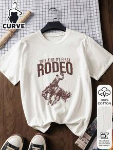 100% Cotton Short-Sleeved T-Shirt With Cowboy Rodeo Graphic Print, Soft Fabric, For Summer, Vacation Outfit, Travel Style, Beach Elegance, Minimalist White For Plus Size Women's Y2K Style Activewear, Round Neck, 100% Cotton, Soft Fabric, Short Sleeve. - 白色 2 - 查看 1