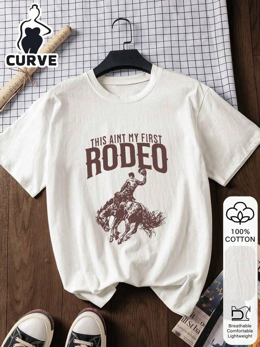 100% Cotton Short-Sleeved T-Shirt With Cowboy Rodeo Graphic Print, Soft Fabric, For Summer, Vacation Outfit, Travel Style, Beach Elegance, Minimalist White For Plus Size Women's Y2K Style Activewear, Round Neck, 100% Cotton, Soft Fabric, Short Sleeve. - 白色 2 - 查看 1