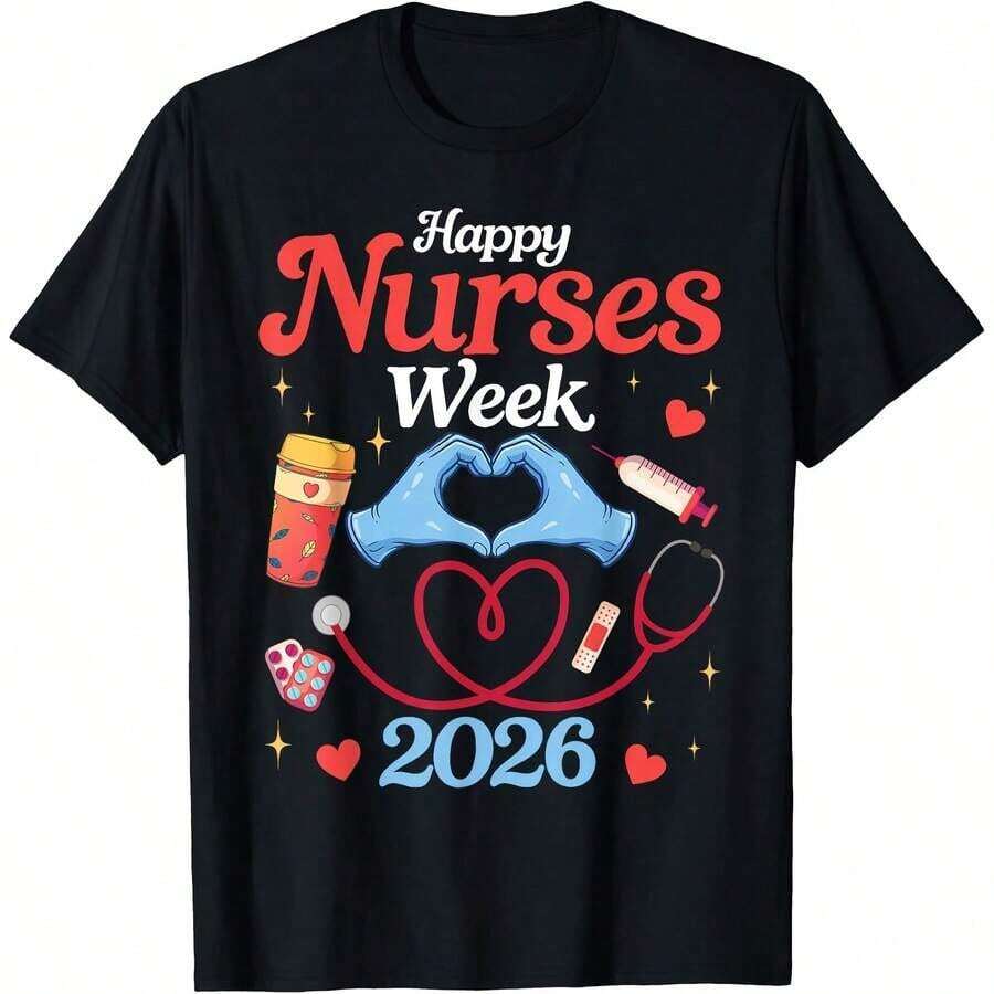 Feliz Semana de las Enfermeras 2026, Camiseta de Celebración del Aprecio por la Enfermería de Mayo, Transpirable y Cómoda - Negro - Ver 1