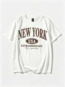 Single-Sleeve T-Shirt, Not A 3-Piece Set. 1 Piece/Set Of Short-Sleeve T-Shirts Suitable For Streetwear. Oversized Crew Neck Top For Daily Outings, Camping, Concerts, Hip-Hop, Rock, And Rap Events. Short-Sleeve Crew Neck Print California Los Angeles Brooklyn New York Women's - 白色 - 查看 2