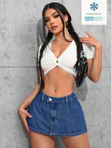Tall Minifalda vaquera ultracorta, de moda para el verano - Azul lavado oscuro 3 - Ver 6