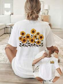 [Front And Back Images] Women's Casual Short Sleeve Crew Neck T-Shirt, Spring/Summer, Sunflower Field, Sunlight, Vibrant And Lively. Printed T-Shirt, Breathable And Machine Washable Fabric, Suitable For Comfort In All Seasons, Women's Summer Clothing, Summer Top, Ideal For Weddings, Beach Vacations And Other Occasions - Unisex Vintage Urban Style Cotton Short Sleeve Crew Neck T-Shirt. - 白色 - 查看 12