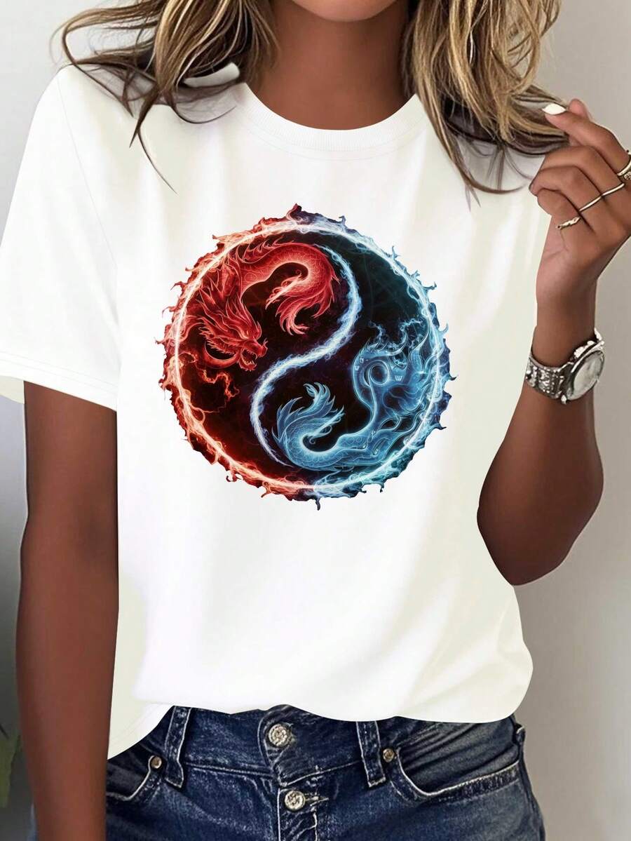 Camiseta de Mujer Cómoda y Pura con Diagrama de Tai Chi Yin y Yang