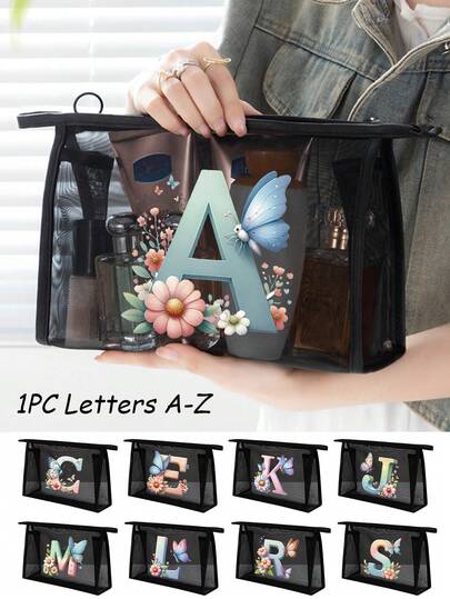 Bolsa de malla negra, impresa con flores creativas y letras de mariposa de la A a la Z, bolsa de almacenamiento de cosméticos de malla transparente, de gran capacidad y multifuncional, bolsa de viaje portátil, bolsa de almacenamiento de productos para el cuidado de la piel y maquillaje, bolsa de papelería para estudiantes, bolsa con cremallera de malla, bolsa de almacenamiento de cosméticos de viaje, simple y avanzada, bolsa de almacenamiento de joyas, adecuada para alojamiento, viaje, negocios, natación y almacenamiento en el hogar, artículos esenciales para vacaciones de verano