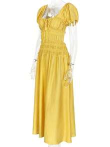 Vestido largo de verano mujer, cuello cuadrado con manga burbuja corta, espalda descubierta, estilo vacacional ideal para playa - Amarillo - Ver 9