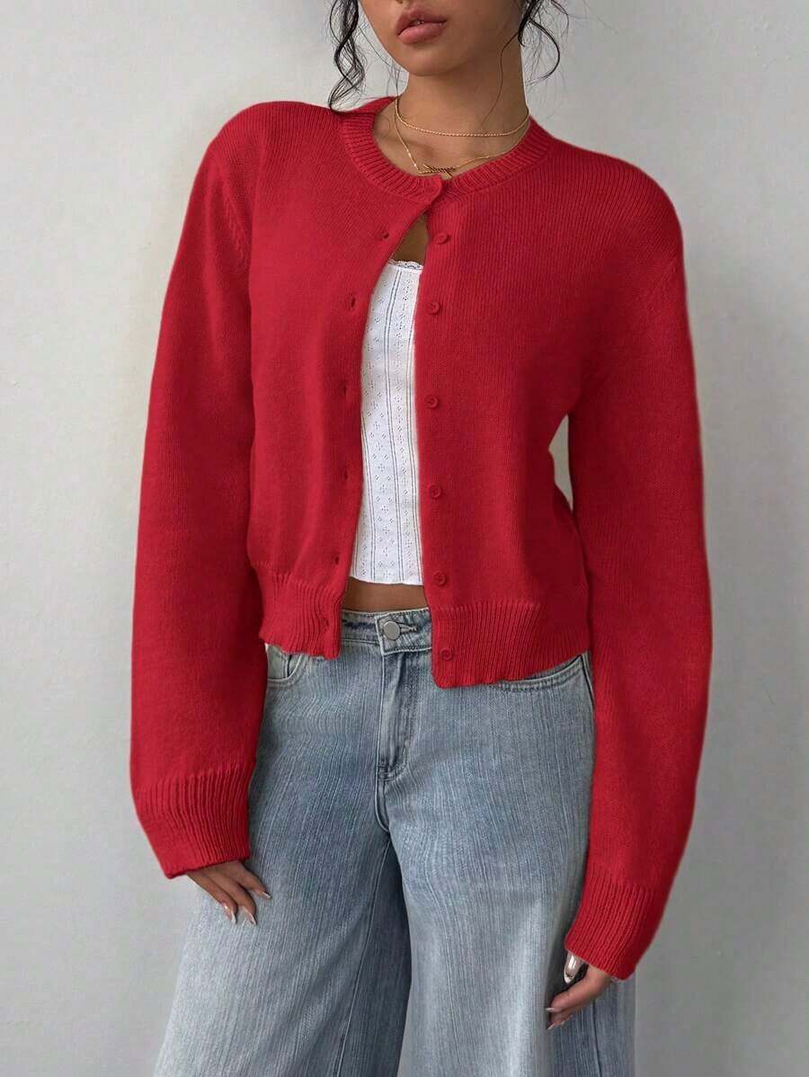 Cárdigan de mujer de manga larga, cuello redondo, suelto y corto, de unicolor, cómodo y acogedor, ideal para el uso diario, en color amarillo mantequilla para otoño/invierno - Rojo - Ver 1